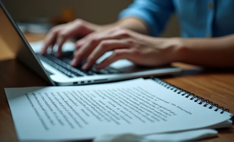 Man with laptop and notepad, text divided into paragraphs